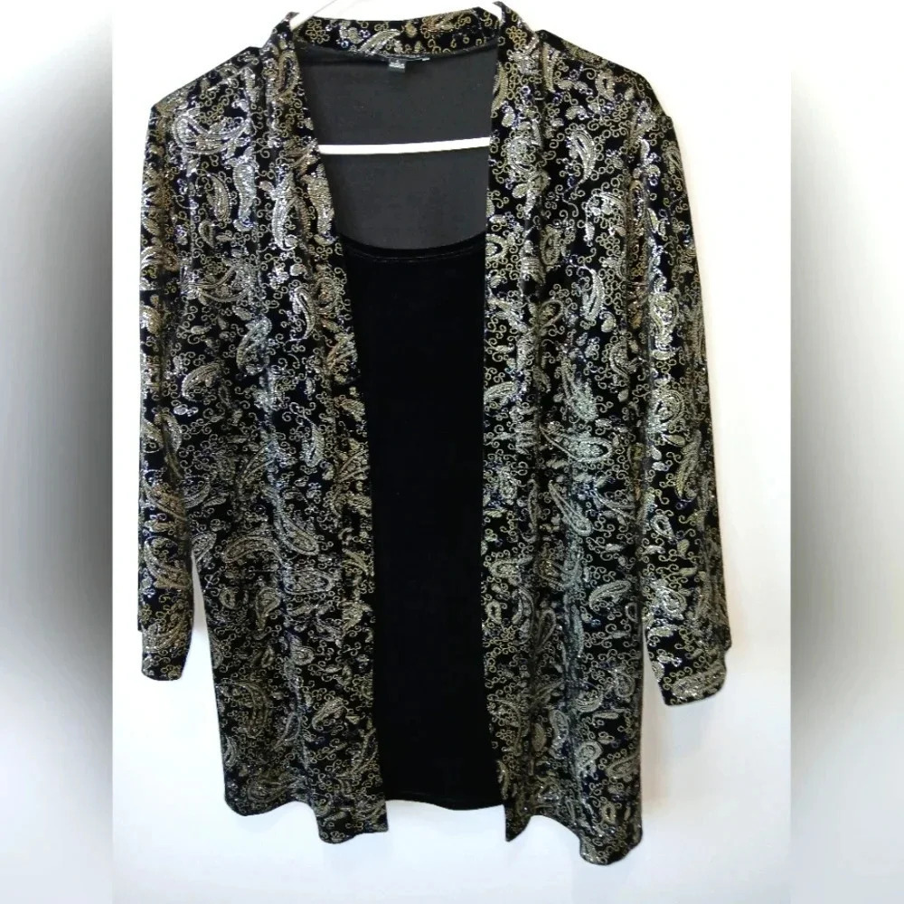 Notations womens Large black velvet layered black sparkly shirt party event